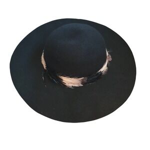 Lovely Bird Feather Band Floppy Hat‎ Wide Brim 100% Wool Boho Festival Black Fun